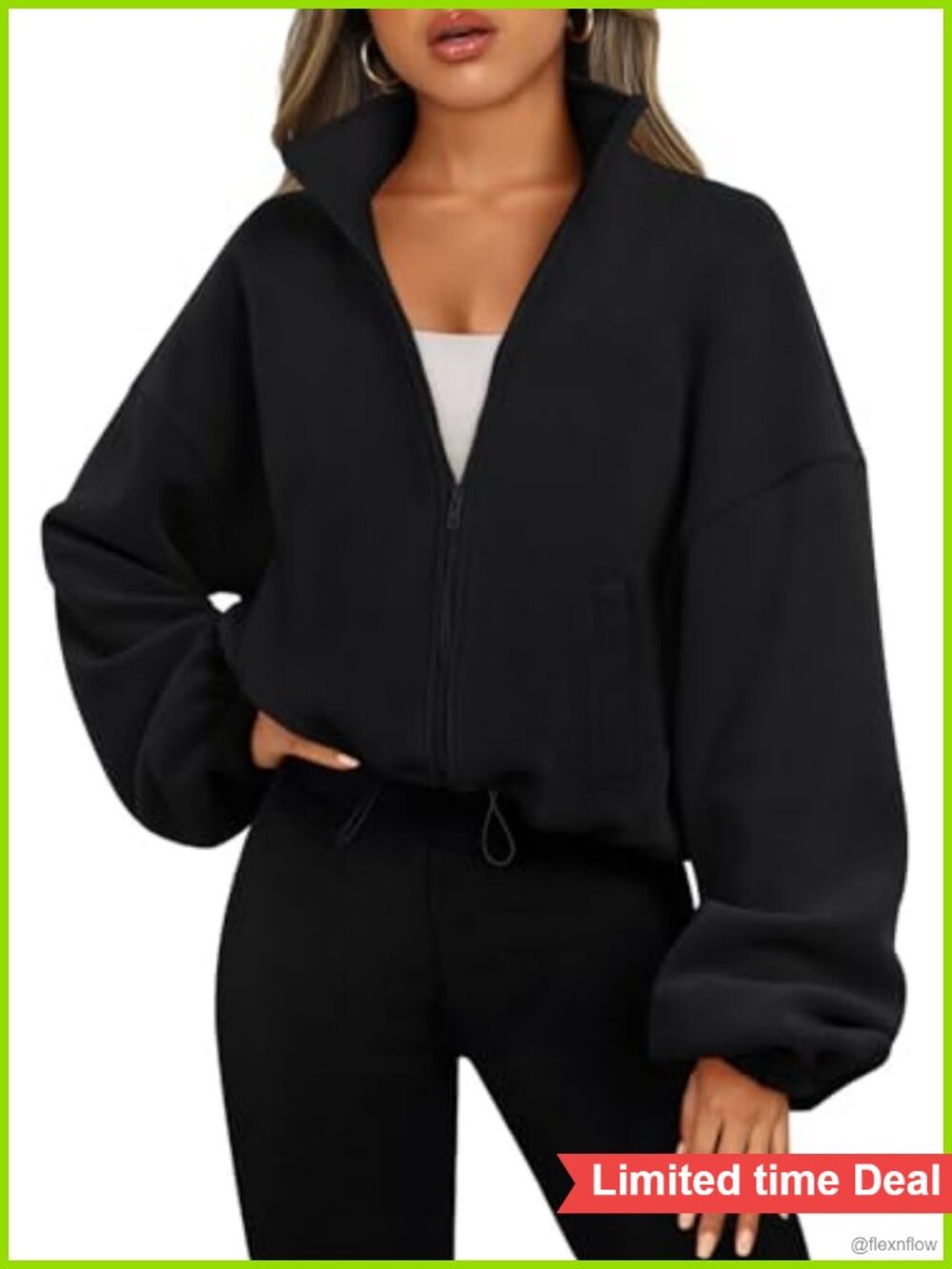 Women's Cropped Fleece Zip Up Jacket Oversized Casual Hoodie Sweatshirt